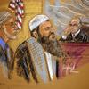 Courtroom drawing of Defense Attorney Ron Kuby (L), Ahmad Wais Afzali (C) and Judge Block (R)