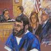 A courtroom drawing shows Zarein Ahmedzay (C) in court with Judge Steven Gold, Assistant US Attorney Jeffrey Knox and Beatrix Berger on April 23, 2010 in New York City.