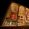 The Metropolitan Opera House at Lincoln Center Plaza, at night. 