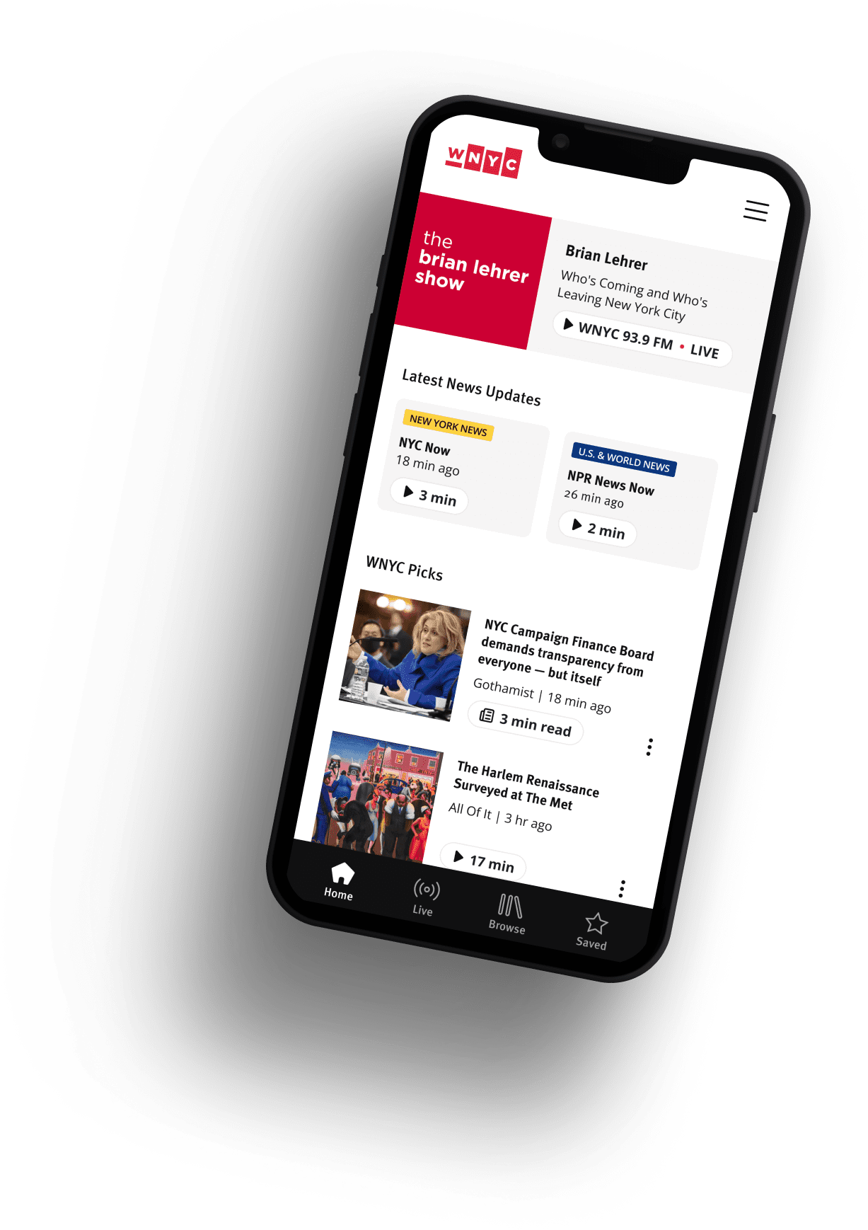 image of the wnyc app on an iphone
